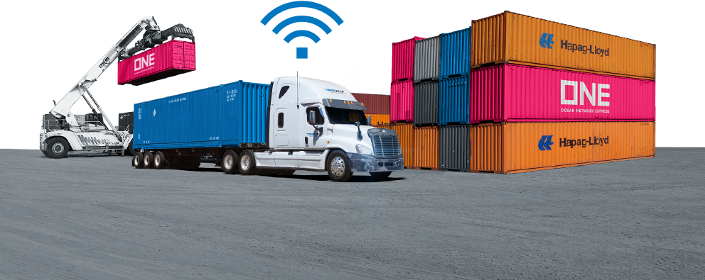 Hyster container lifter and transport truck in a container storage yard with a WIFI signal icon above the truck