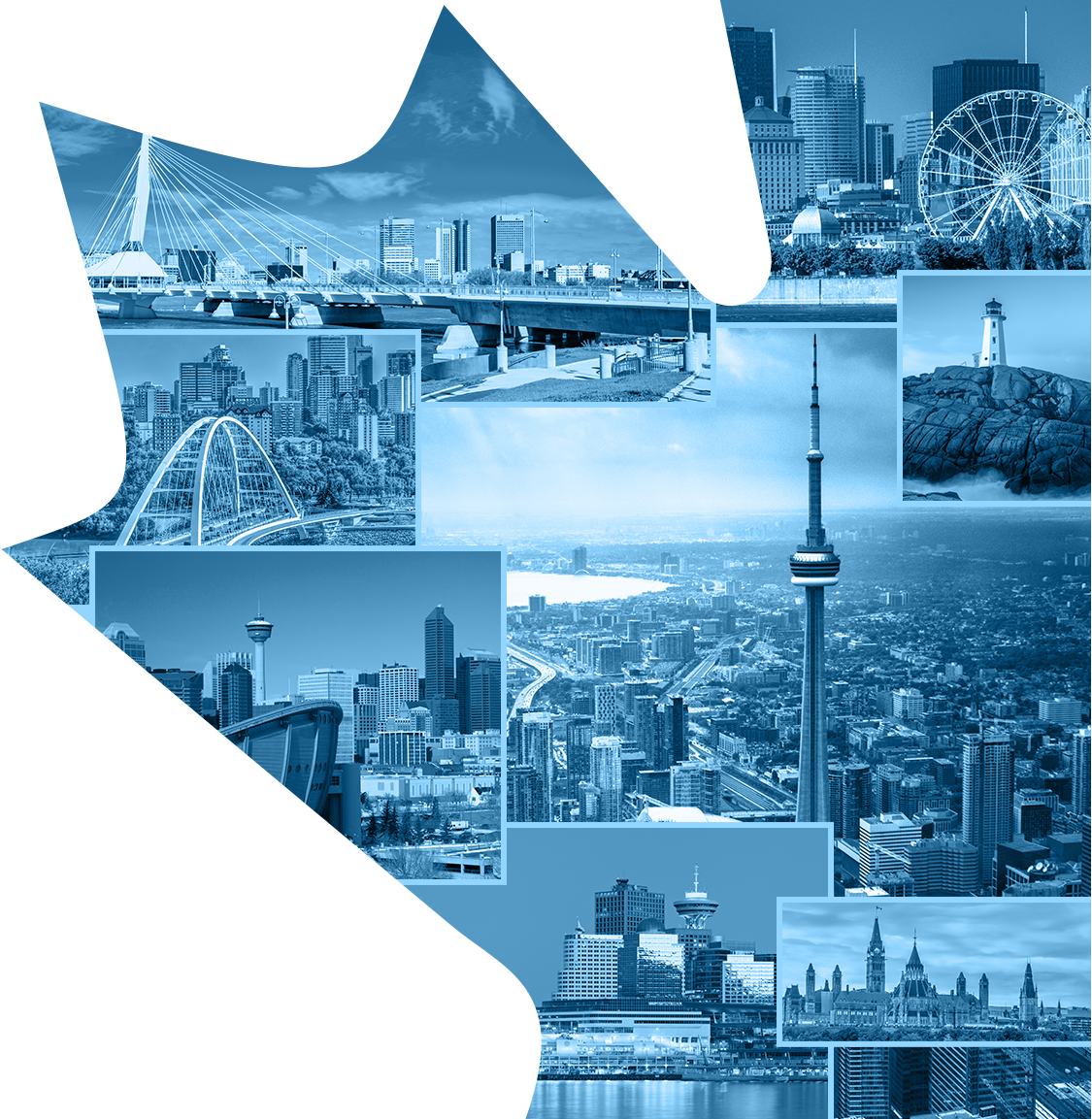 Left half of large maple leaf graphic filled with blue-tinted collage of pictures of various Canadian cities
